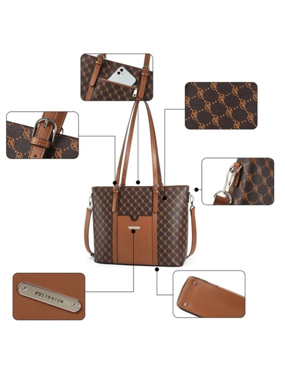 Bostanten Carol Women Briefcase Vintage Tote in Coffee and Brown Monogram NEW